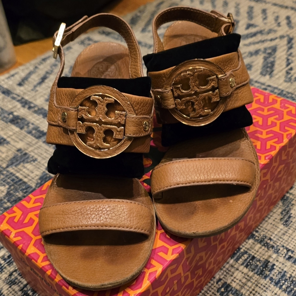 Tory Burch Brown Leather Womens Wedge Sandals Size 8